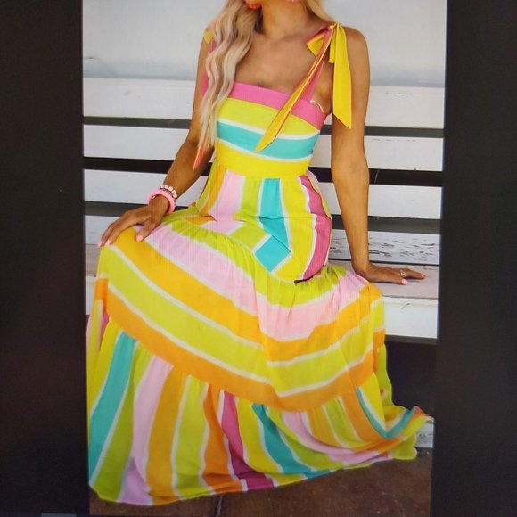⭐HOST PICK⭐ 087. Yellow Color Block Striped Bow Knot Straps Maxi Dress Size M - Picture 2 of 13